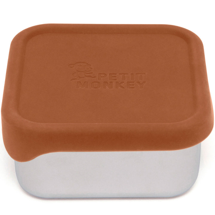 Petit Monkey rvs snackdoosje met bruine deksel en logo.
