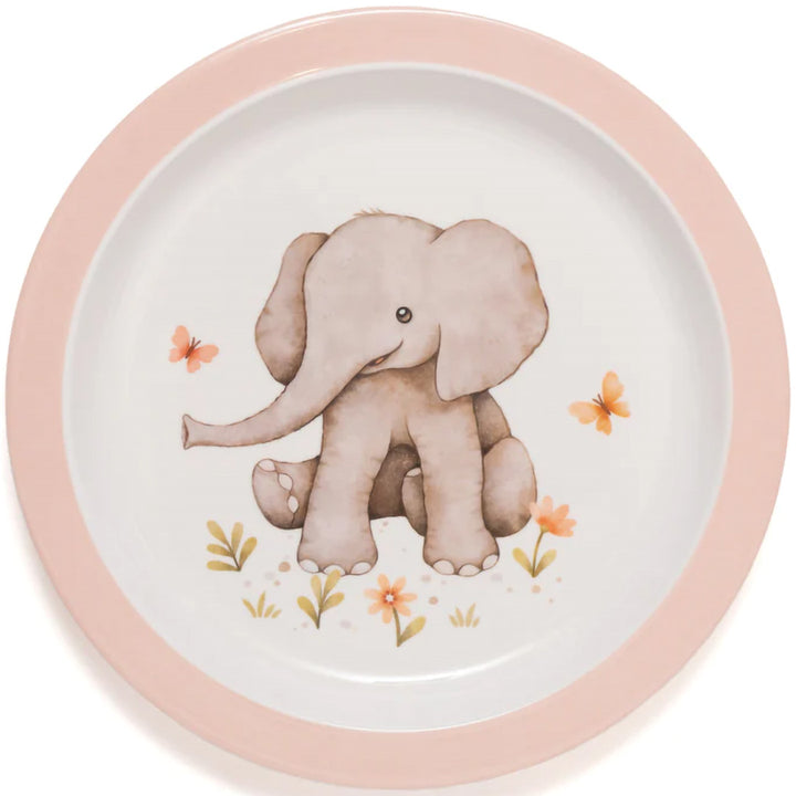 Petit Monkey kinderbord met een illustratie van een zittende olifant, bloemen en vlinders op een witte achtergrond met roze rand.