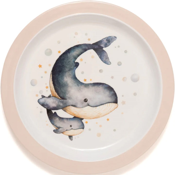 petit monkey melamine kinderbord met een illustratie van een walvis en een babywalvis, omringd door sterren en bubbels.