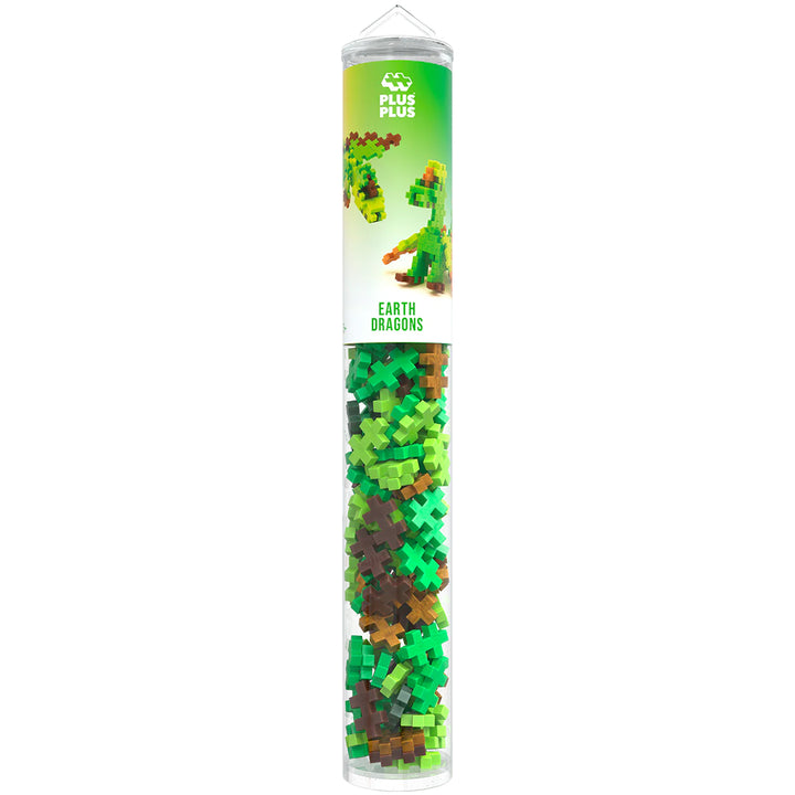 Plus-Plus bouwblokken Earth Dragons verpakking met groene en bruine bouwstenen.