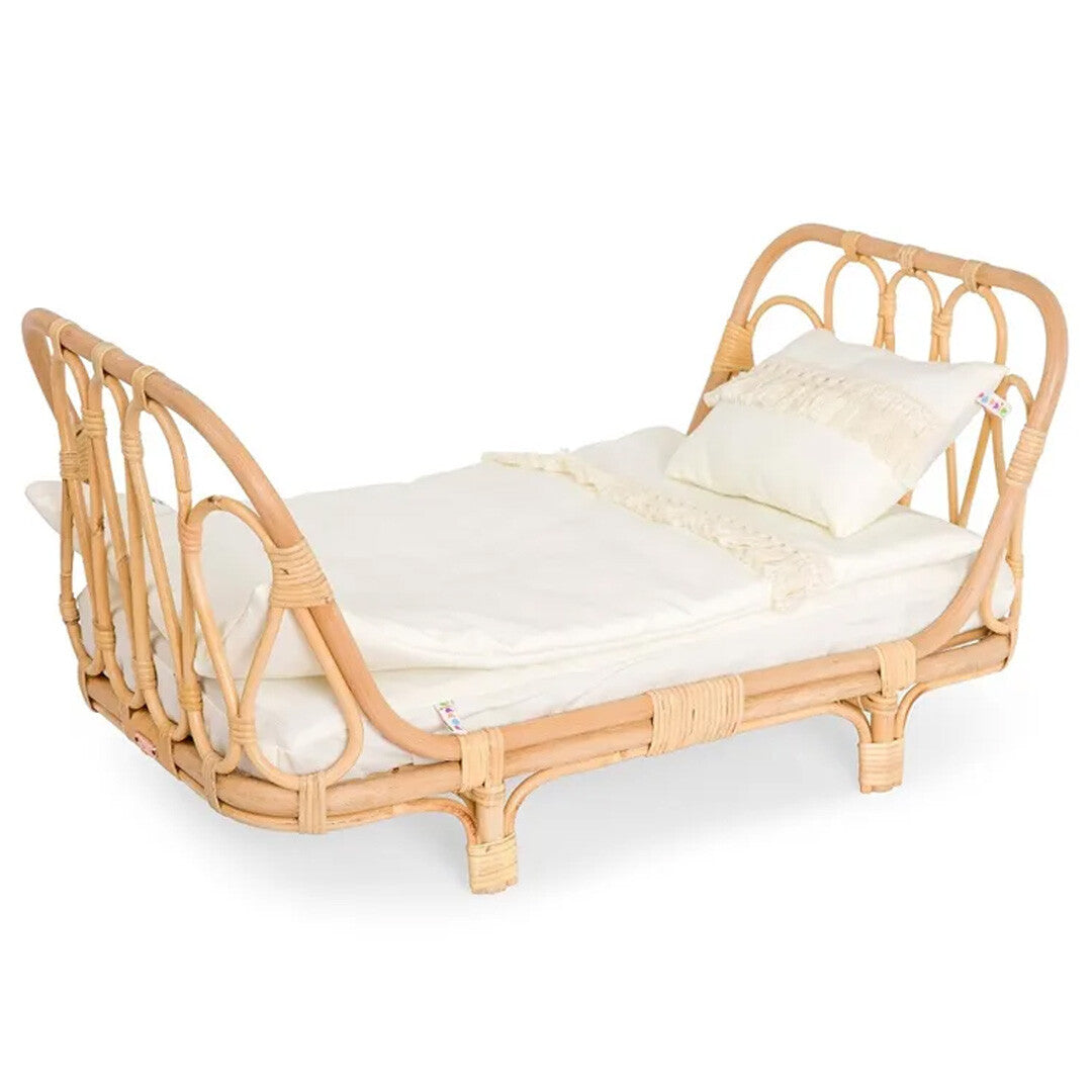 poppie toys rotan poppenbedje met beddengoed - franjes | PT1838 | 0