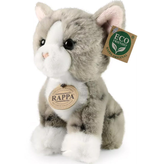 Rappa pluchen kat in grijs en wit, schuin zittend met labels.