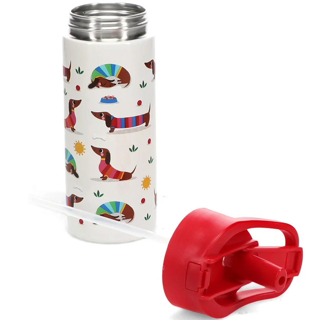 rex london rvs drinkfles met rietje - sunny sausage dog - 500 ml | 30964 | 3