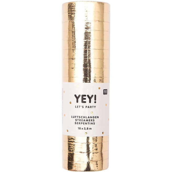 Rico Design verpakking van gouden serpentines met witte labeltekst "YEY! LET'S PARTY".