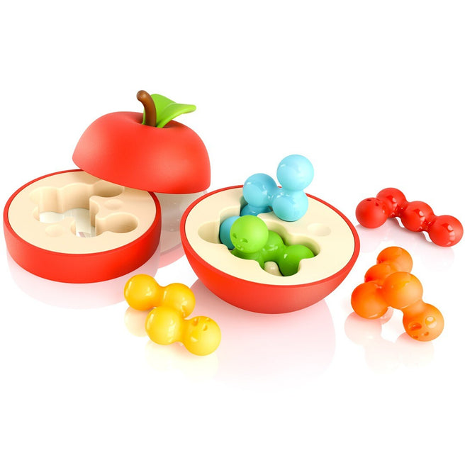 Smart Games Apple Puzzler, een rood appelvormig puzzelspel opengeklapt met gekleurde insectvormige puzzelstukken eromheen.