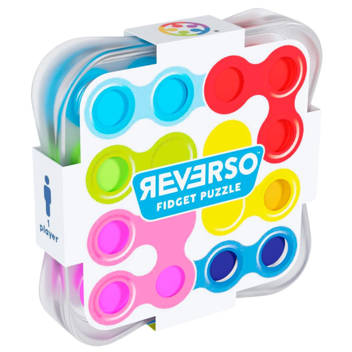 Smart Games IQ Reverso Fidget Puzzle verpakking met kleurrijke puzzelstukken.