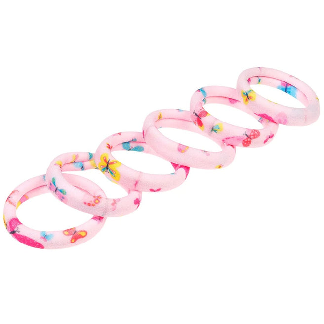 Souza for Kids roze kinder haarelastiekjes met vlinderpatronen, schuin weergegeven.