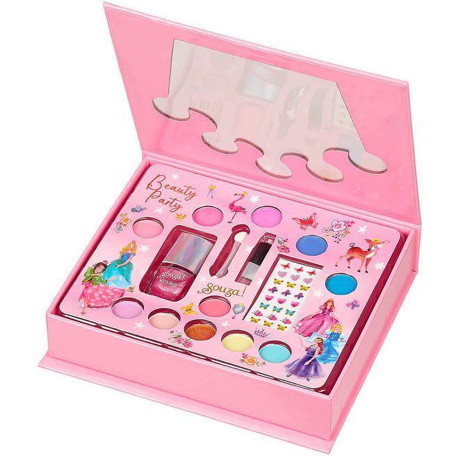 Souza for kids make-up geschenkdoos met opengeklapte roze doos vol prinsessen make-up en stickers.