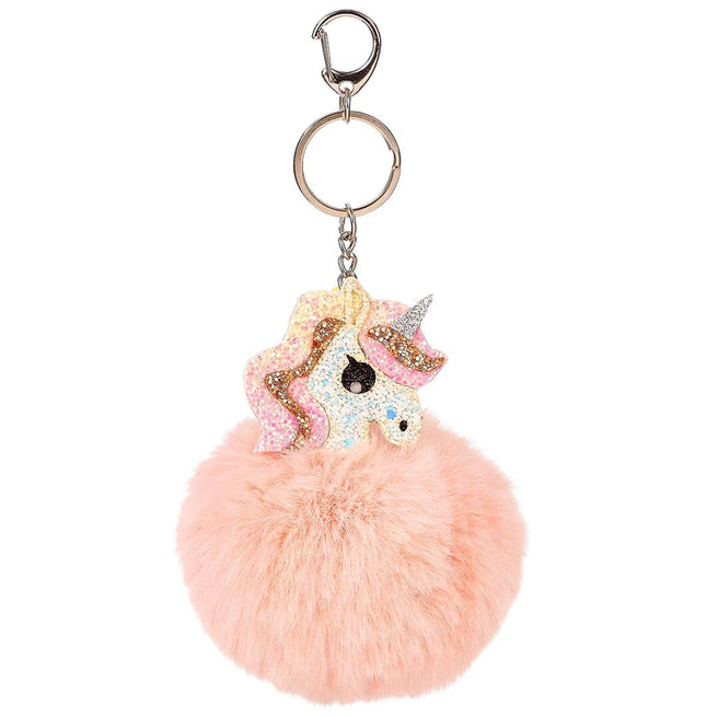 souza for kids roze sleutelhanger met een glitter eenhoornhoofd en een pluizige pompom.