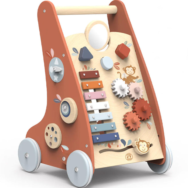 Speedy Monkey houten activiteiten loopwagen met xylophone, tandwielen en aapjespatroon.