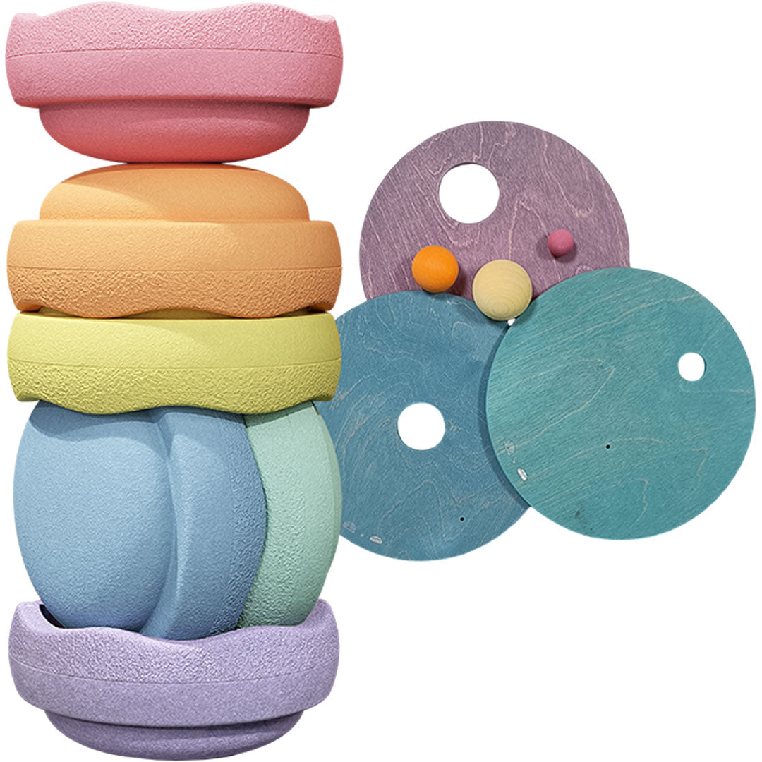 stapelstein original rainbow pastel met rolling discs - 6st + 3st | 501630 | 0