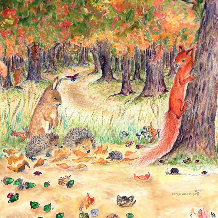 Gedetailleerde illustratie van een herfstbos met een eekhoorn, konijn en egels tussen de bladeren.