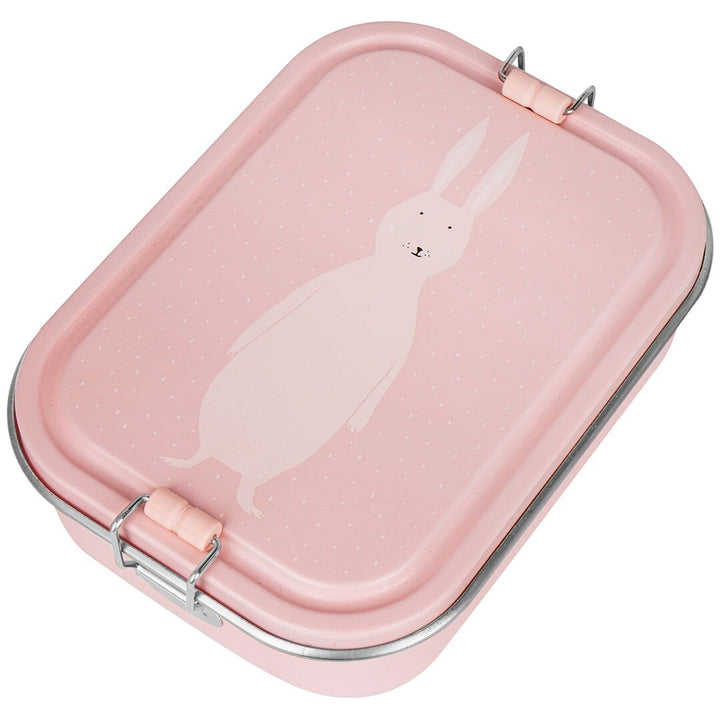 Trixie roze RVS broodtrommel met een witte konijnillustratie op de deksel.