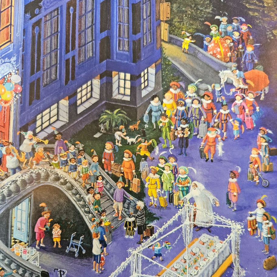 Illustratie uit het Sinterklaas kinderboek van een grote groep Pieten die aankomen bij een gebouw.