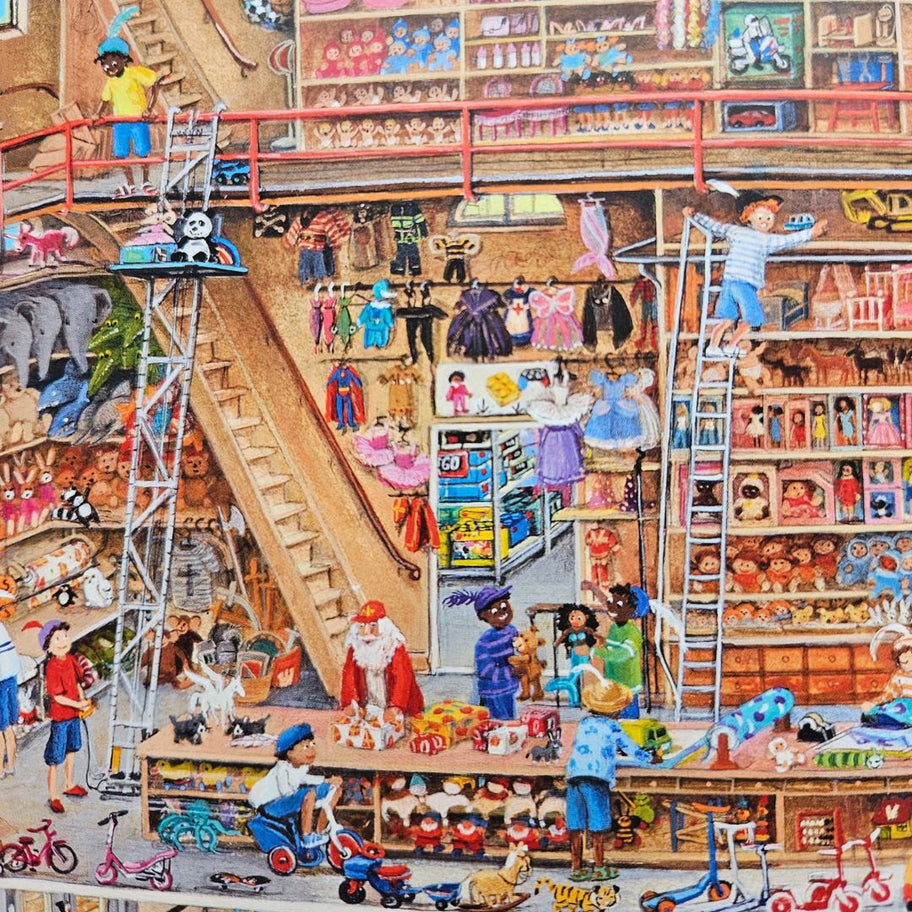 Illustratie uit het Sinterklaas kinderboek van een speelgoedmagazijn vol met Pieten en kinderen.
