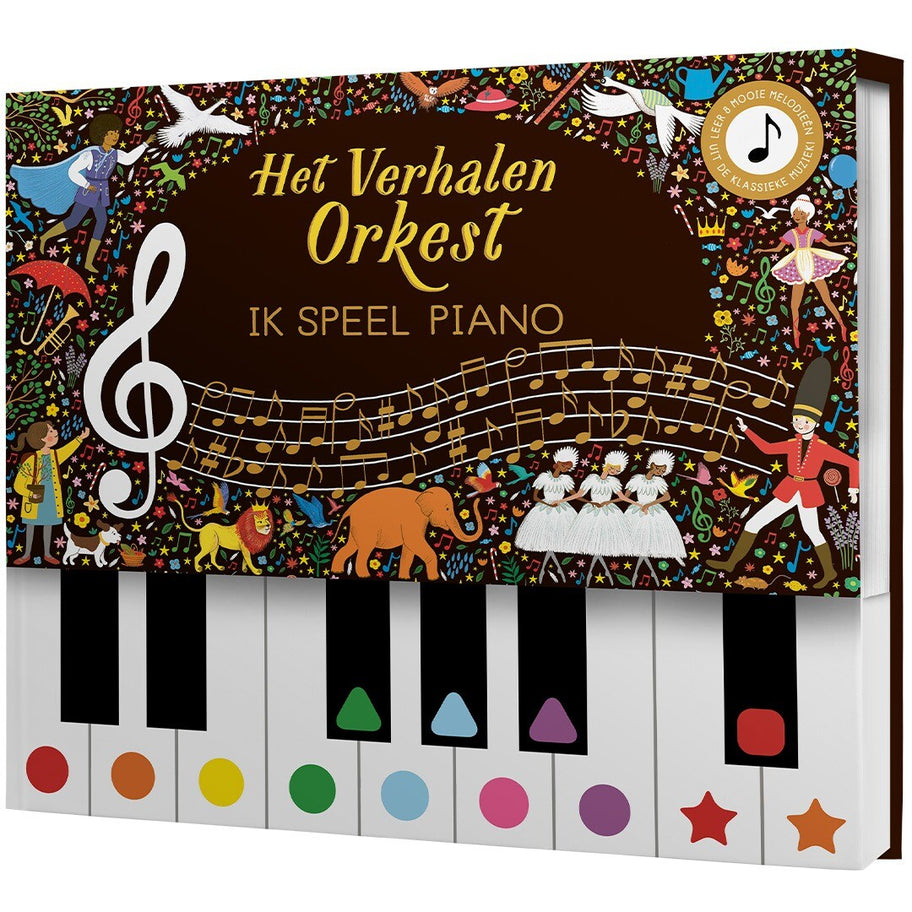 Christofoor muziekboek 'Het Verhalen Orkest Ik Speel Piano' met kleurrijke illustraties van figuren en dieren, en een pianotoetsenbord aan de onderkant.