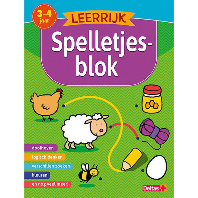 Deltas Leerrijk Spelletjesblok voor 3-4 jaar met een kleurrijke voorkant vol dieren en voorwerpen.