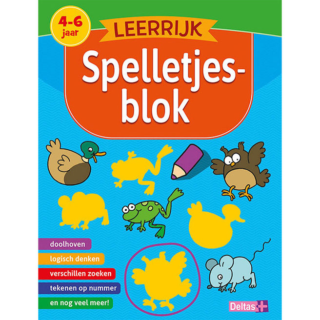 De voorkant van het Deltas Leerrijk Spelletjesblok voor 4-6 jaar met kleurrijke dierenillustraties en leerspelletjes.