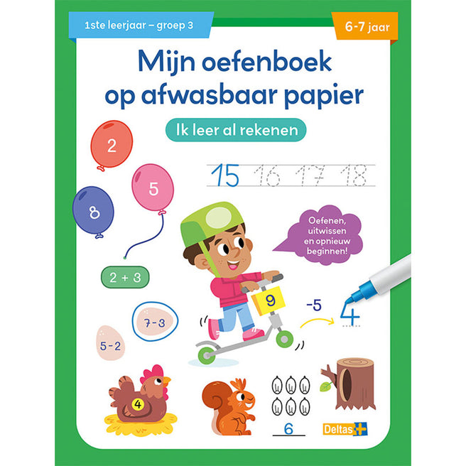 Deltas oefenboek "Mijn oefenboek op afwasbaar papier" met een jongen op een step en rekenoefeningen op de groene voorkant.