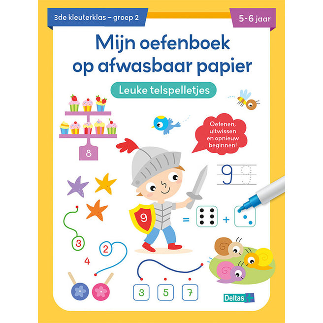 De voorkant van het Deltas oefenboek 'Mijn oefenboek op afwasbaar papier' met leuke telspelletjes, met illustraties van een ridder, cupcakes en slakken.