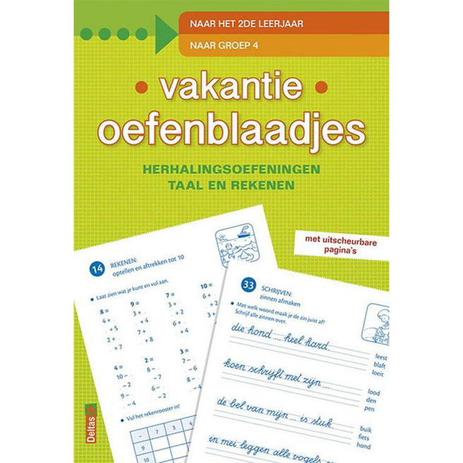 Deltas vakantie oefenblaadjes boek voor groep 4 met voorbeelden van taal- en rekenoefeningen.