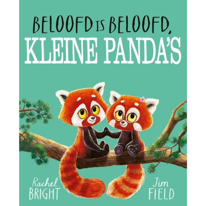 De voorkant van het kinderboek 'Beloofd is beloofd, kleine panda's' met twee rode panda's op een boomtak.