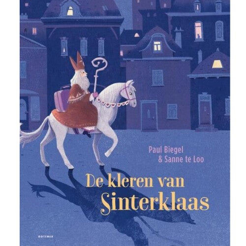 De voorkant van het Gottmer kinderboek 'De kleren van Sinterklaas' met Sinterklaas op zijn witte paard rijdend door een stad.