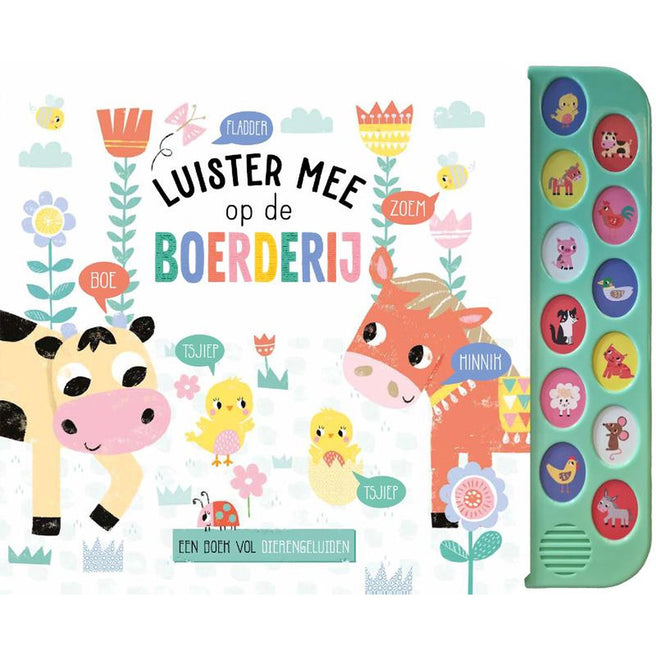 uitgeverij rebo geluidenboek Luister mee op de boerderij met een koe, paard en kuikens op de voorkant en een groene knoppenbalk.