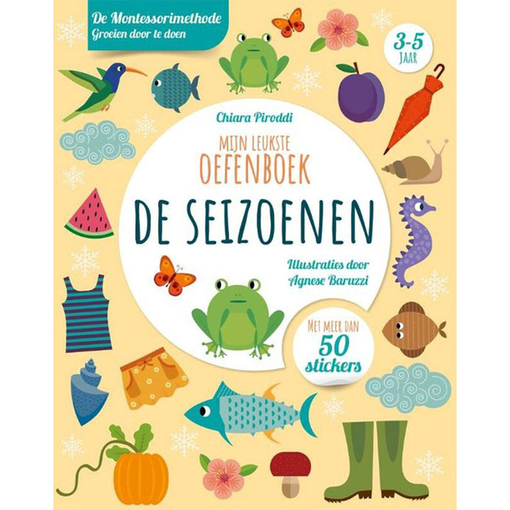 Omslag van het Uitgeverij Rebo oefenboek 'De Seizoenen' voor 3-5 jaar, met kleurrijke illustraties van dieren en seizoensgebonden voorwerpen.