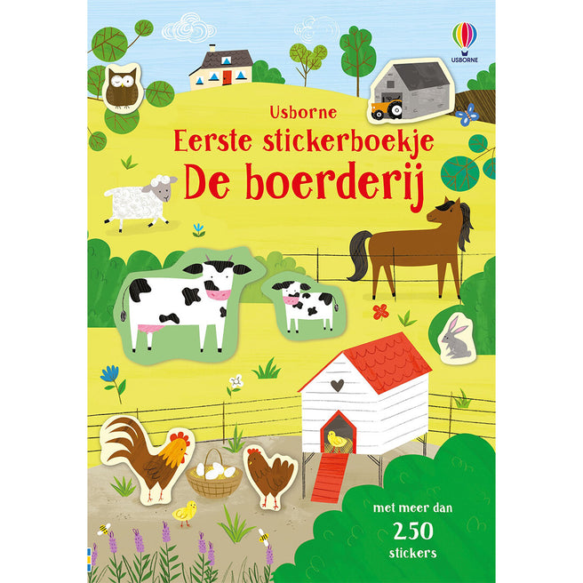 Usborne Eerste stickerboekje De boerderij, met een kleurrijke illustratie van boerderijdieren en gebouwen op de voorkant.