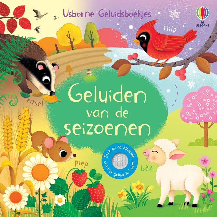 Usborne geluidenboek Geluiden van de seizoenen met illustraties van een das, muis, vogel en lam.