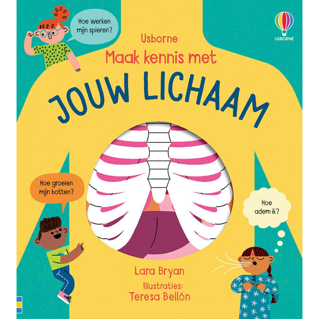 Usborne kinderboek 'Maak kennis met jouw lichaam' toont de voorkant met illustraties van kinderen en interne organen.