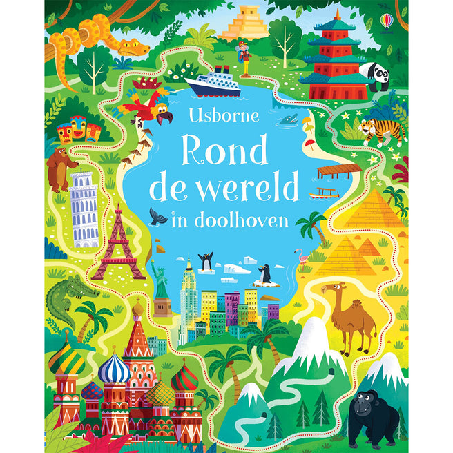 Usborne kinderboek 'Rond de wereld in doolhoven' met een kleurrijke illustratie van wereldwijde landschappen en dieren.