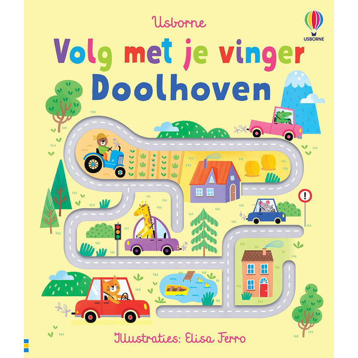 De voorkant van het Usborne doolhofboek met een geel landschap en een weg vol voertuigen en dieren.