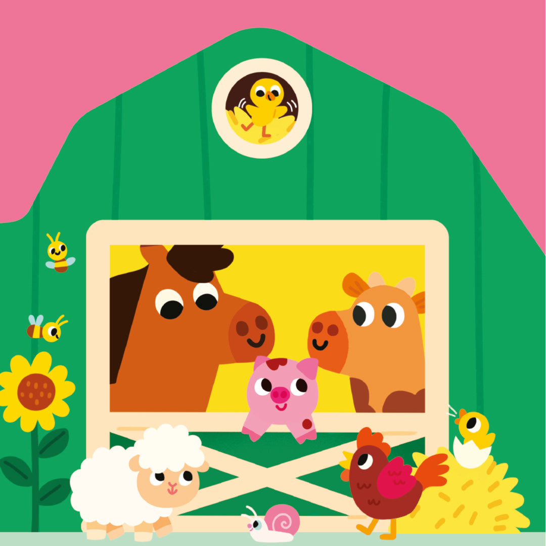 Illustratie van een groene boerderij met een paard, koe, varken, schaap, kip, slak en bijen.
