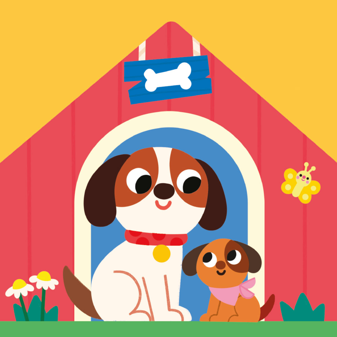Illustratie van een grote en kleine hond voor een rode hondenmand, met een botje en vlinder.