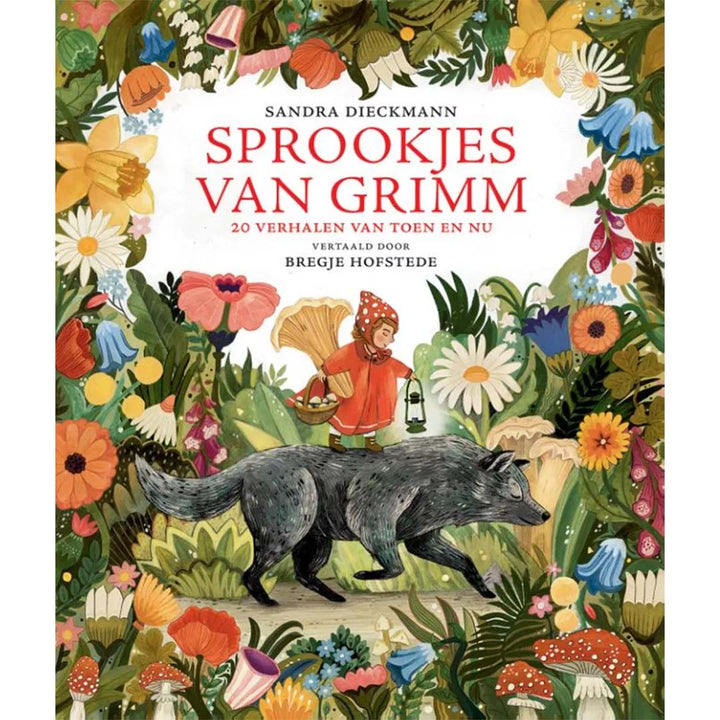 Christofoor kinderboek 'Sprookjes van Grimm' met een meisje op een wolf tussen bloemen op de voorkant.