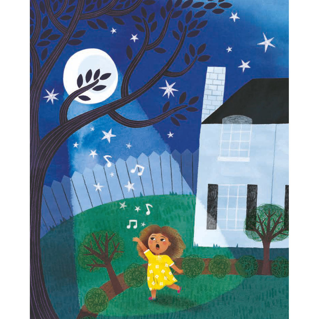 Illustratie uit het kinderboek van een jong meisje dat 's nachts zingt in een tuin onder de maan en sterren.