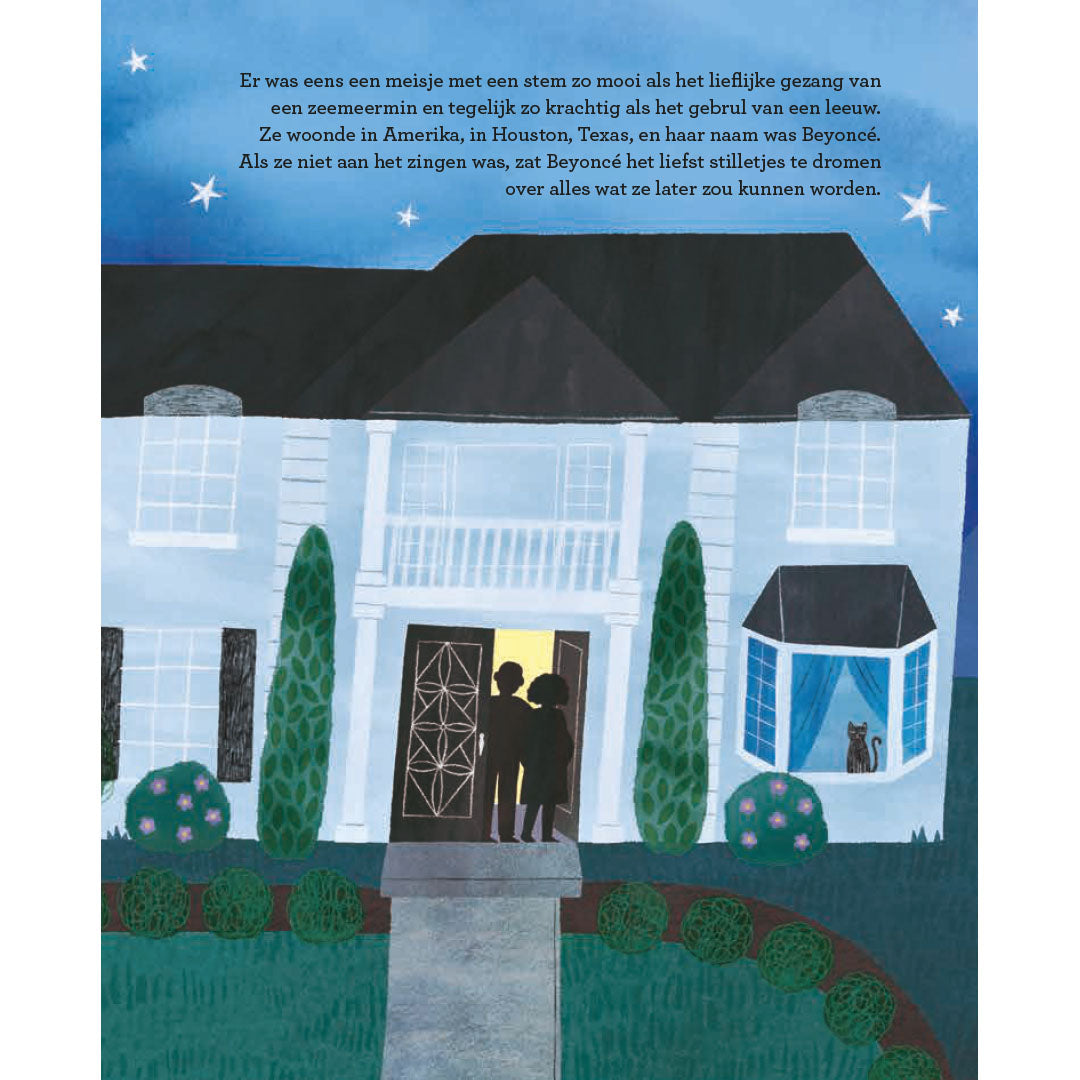 Illustratie uit het kinderboek van twee kinderen in een deuropening van een huis 's nachts, met Nederlandse tekst erboven.