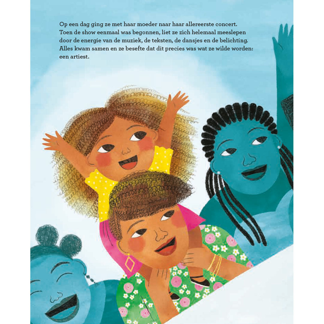 Illustratie uit het kinderboek van een jong meisje op de schouders van een volwassene, omringd door blije mensen, met Nederlandse tekst erboven.