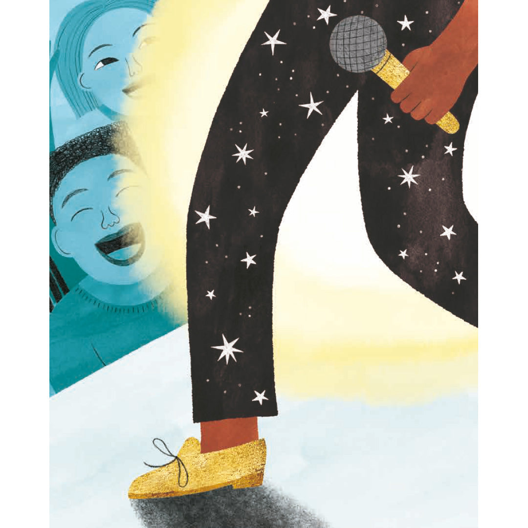 Illustratie uit het kinderboek van een artiest op een podium met microfoon en juichend publiek.