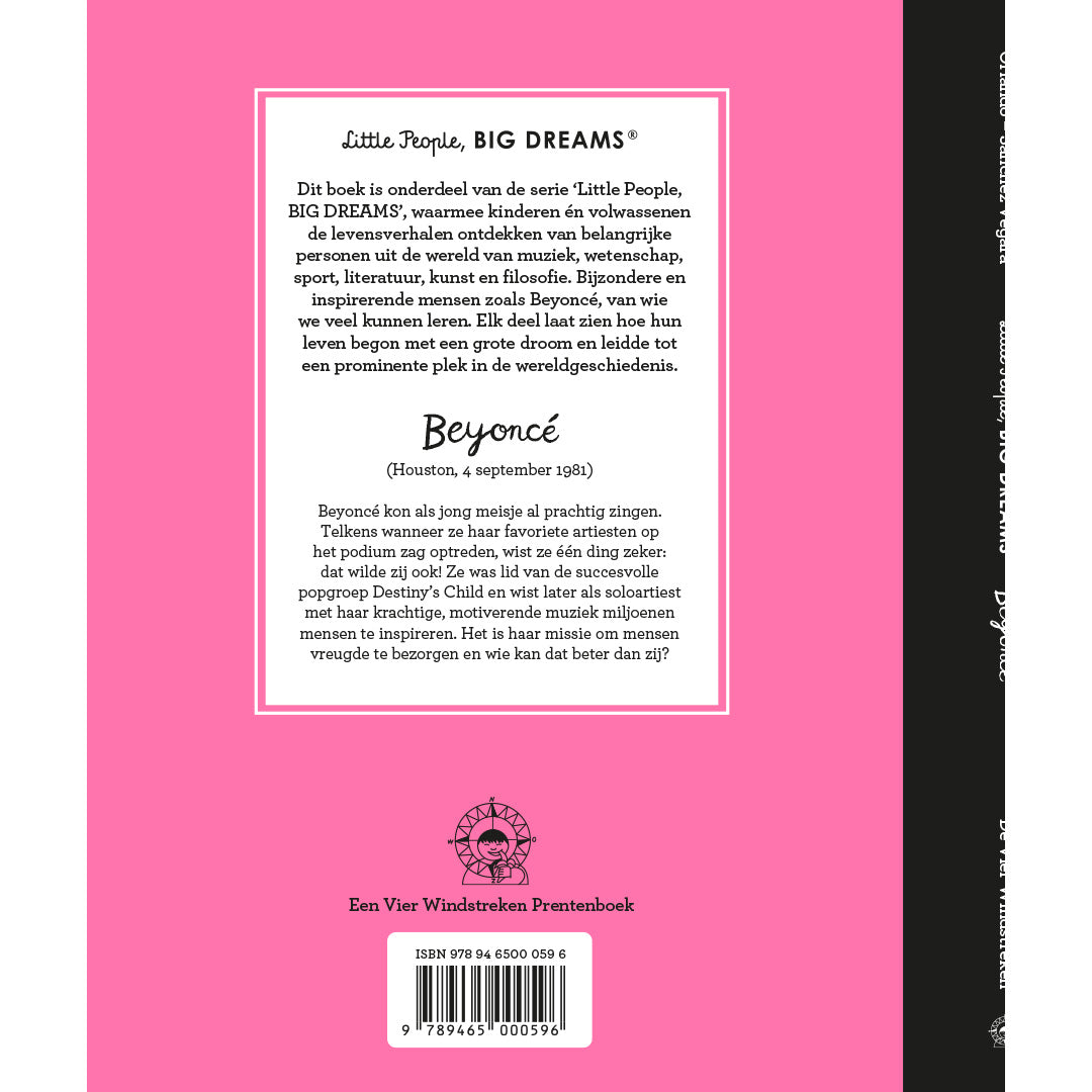 Achterkant van het De Vier Windstreken kinderboek 'Little People, BIG DREAMS Beyoncé' met informatie over de serie en de auteur, en ISBN-gegevens.