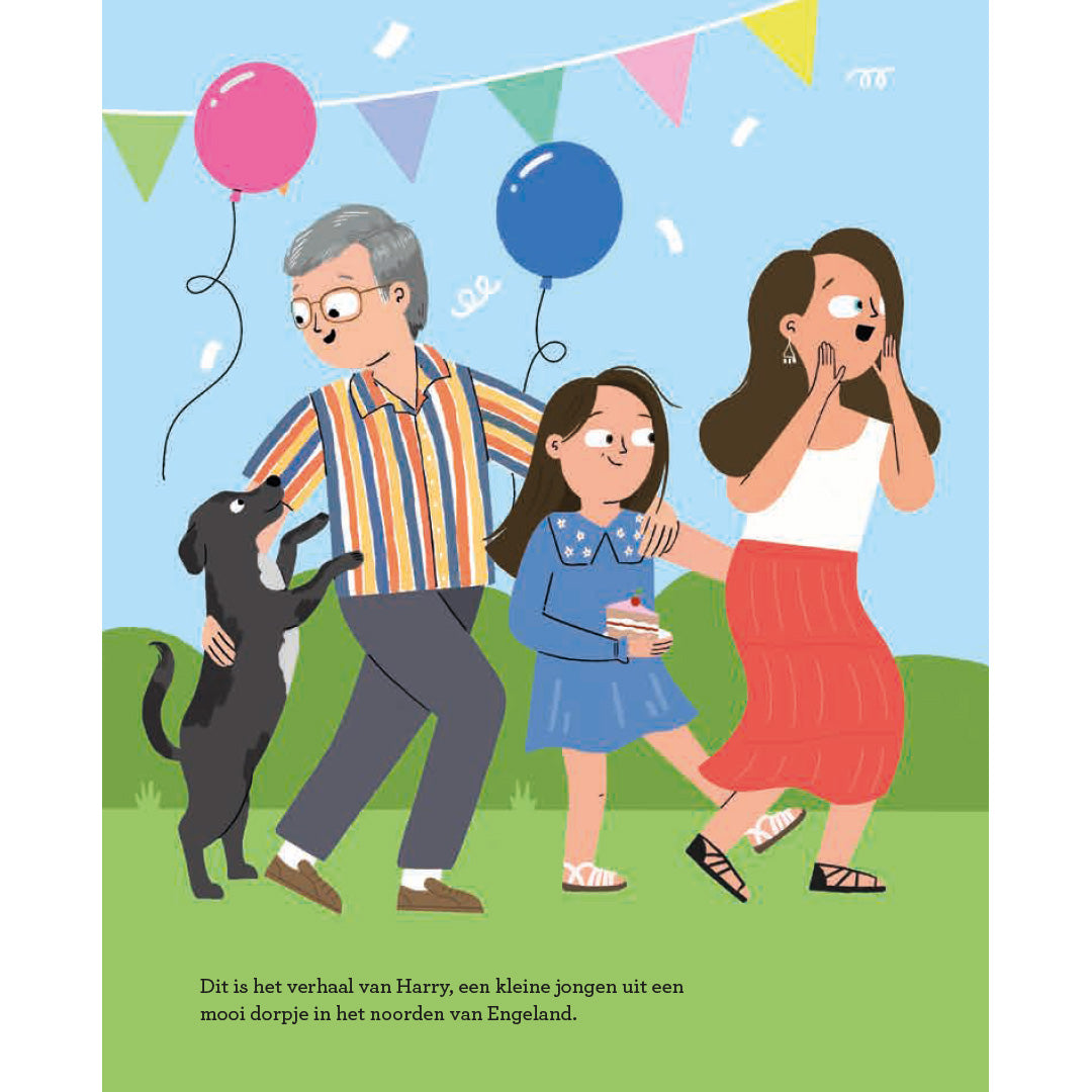 Een illustratie uit het kinderboek van een man, een meisje met een taartje en een hond die lopen onder ballonnen en slingers.