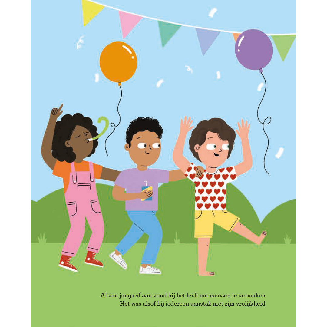 Een illustratie uit het kinderboek van drie vrolijke kinderen die dansen onder ballonnen en slingers.