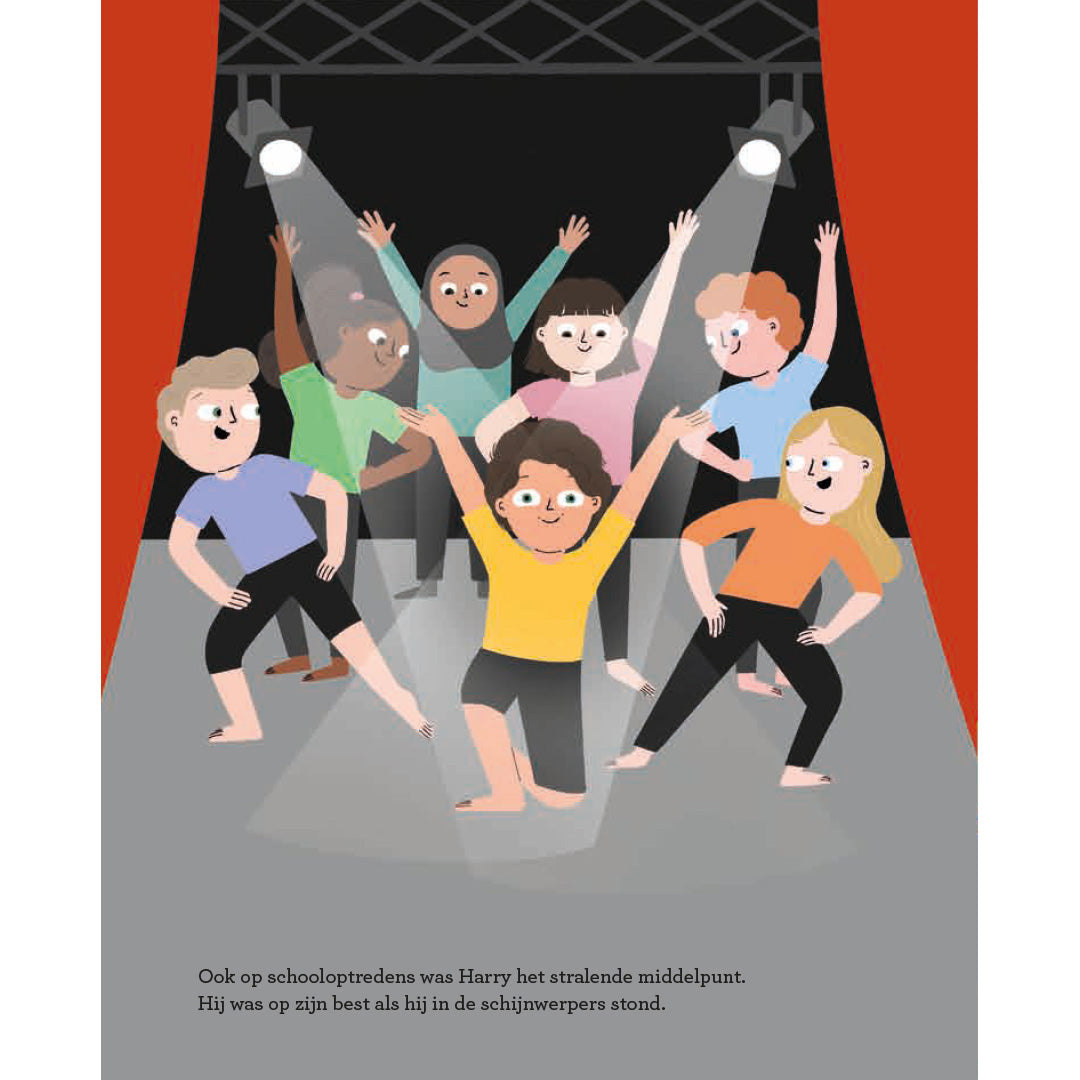 Een illustratie uit het kinderboek van zeven kinderen die dansen op een podium met spotlights.