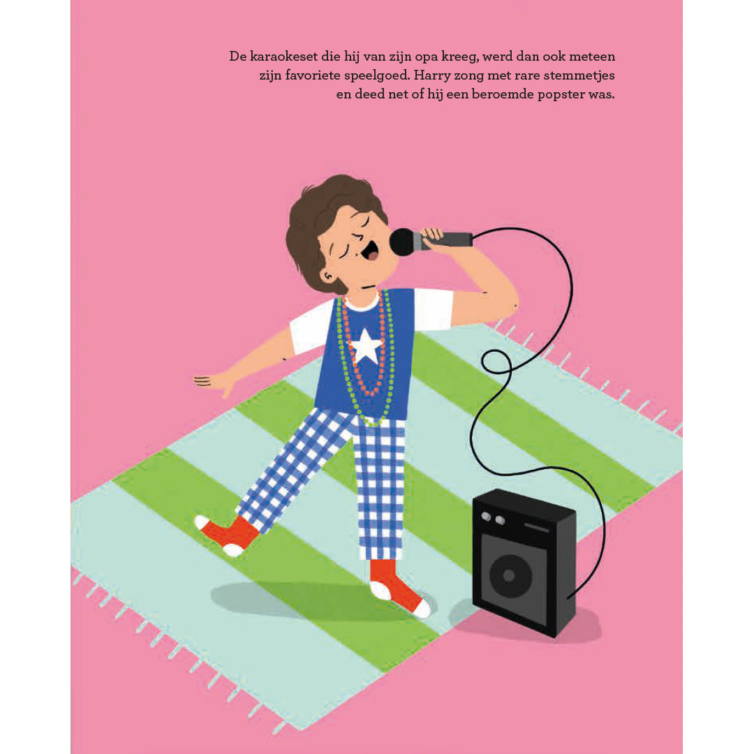 Een illustratie uit het kinderboek van een jonge Harry Styles die zingt in een microfoon met een luidspreker op een gestreepte mat.