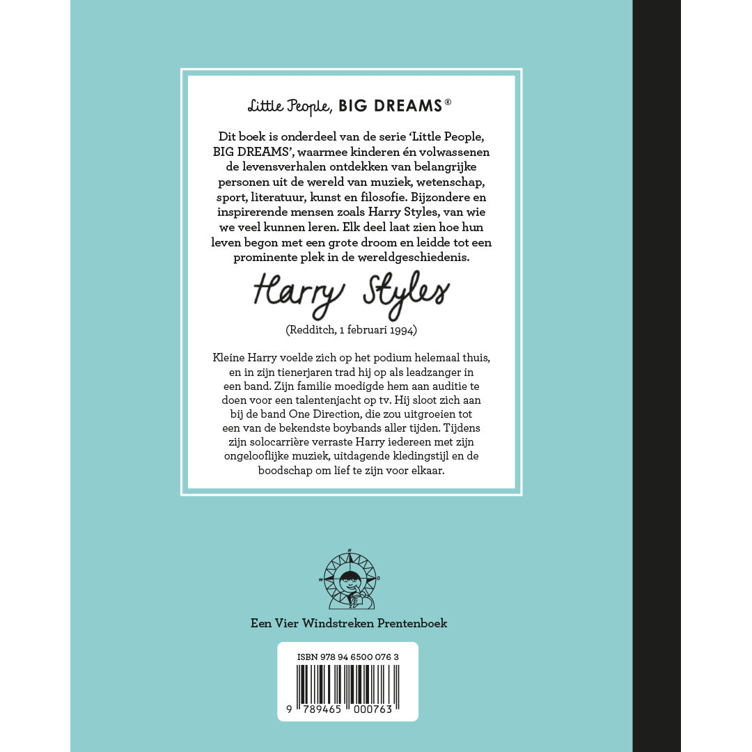 De achterkant van het kinderboek 'Little People, BIG DREAMS Harry Styles' met een beschrijving en ISBN-nummer.