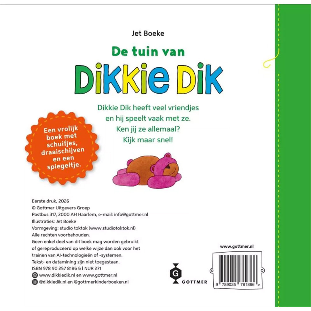 De achterkant van het Gottmer kartonboek 'De tuin van Dikkie Dik' met een slapende beer en productinformatie.