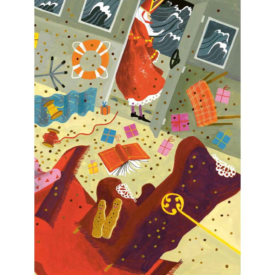 Illustratie uit het kinderboek van Sinterklaas die zich vasthoudt in de storm, met cadeaus en spullen die over de vloer van de boot verspreid liggen.