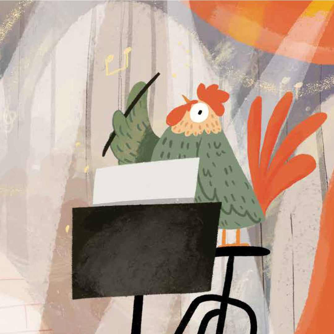 Een illustratie uit het muziekboek van een groene haan als dirigent met een dirigeerstokje voor een muziekstandaard.